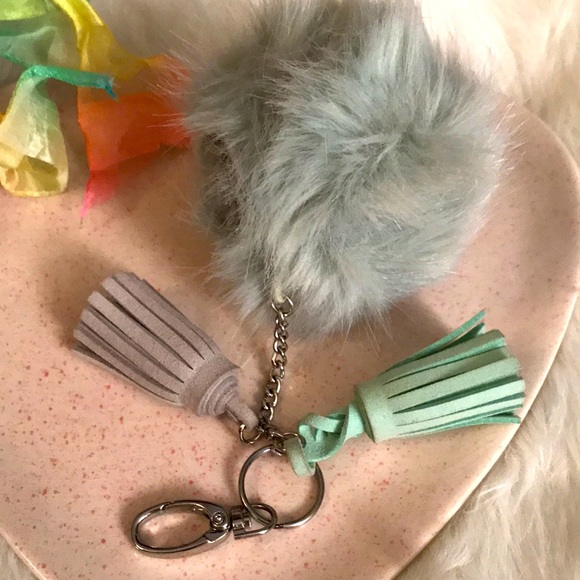Faux Fur Key Chain / Purse Clip Turquoise & Gray. - Picture 4 of 6